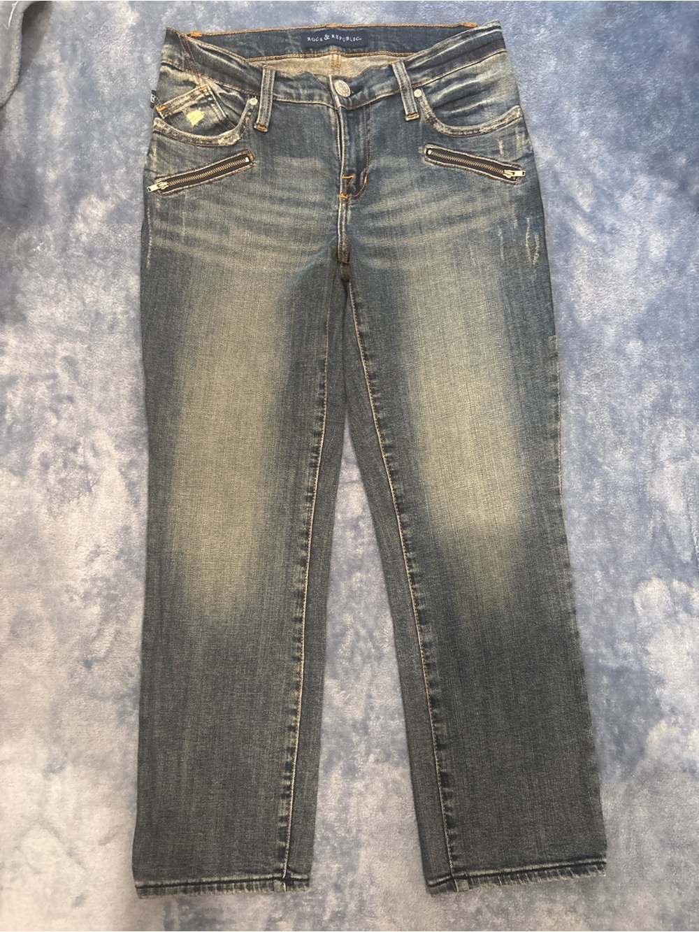 Rock & Republic Straight Leg Faded Blue Jeans with Zip Detail